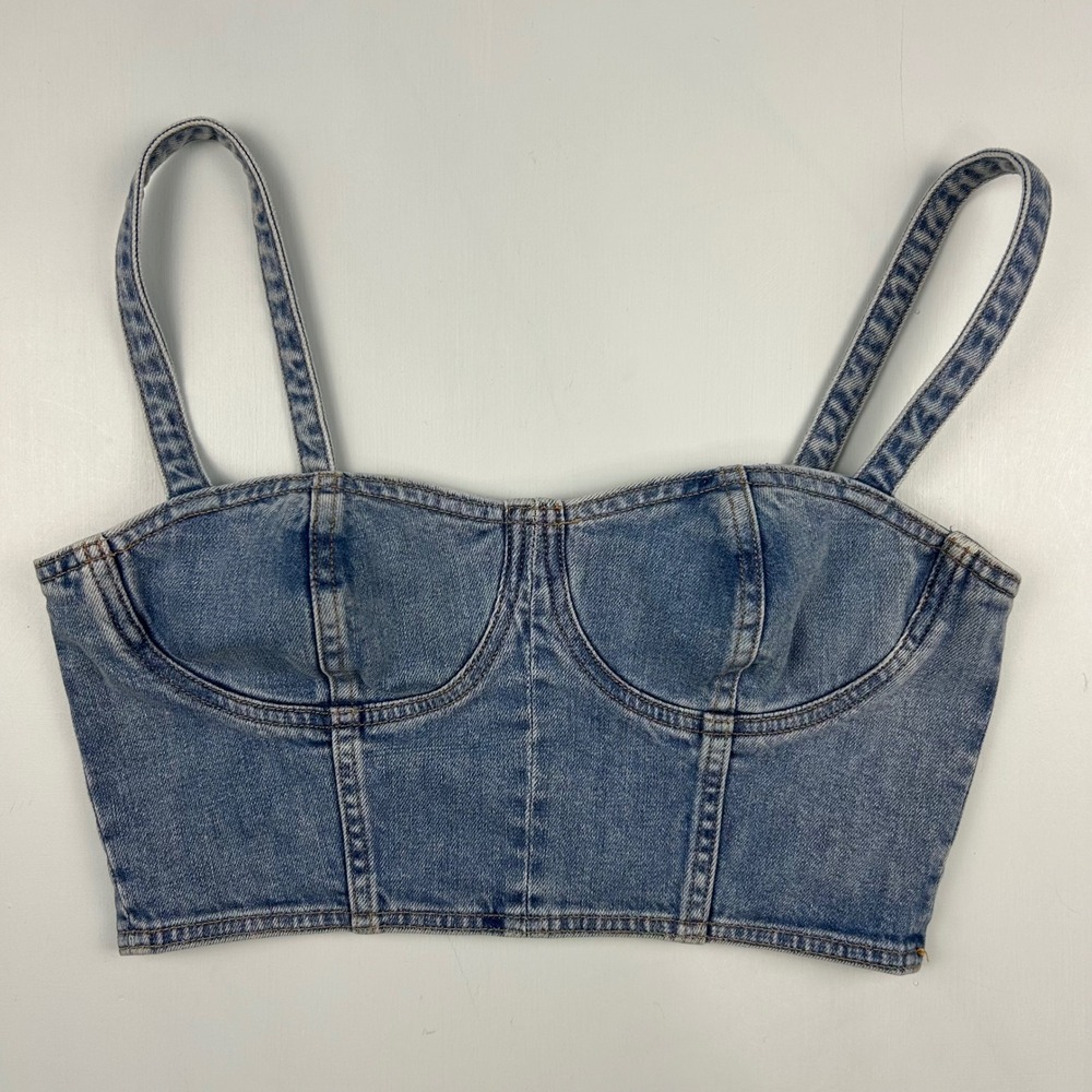 Denim Forum Cecily Denim Bralette Aritzia Crop Top Zip Back Medium Wash M DW867